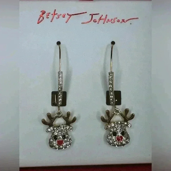 Betsy Johnson Holiday Reindeer Dangle  Gold Tone Rhinestone Crystal Earrings. - Picture 1 of 8